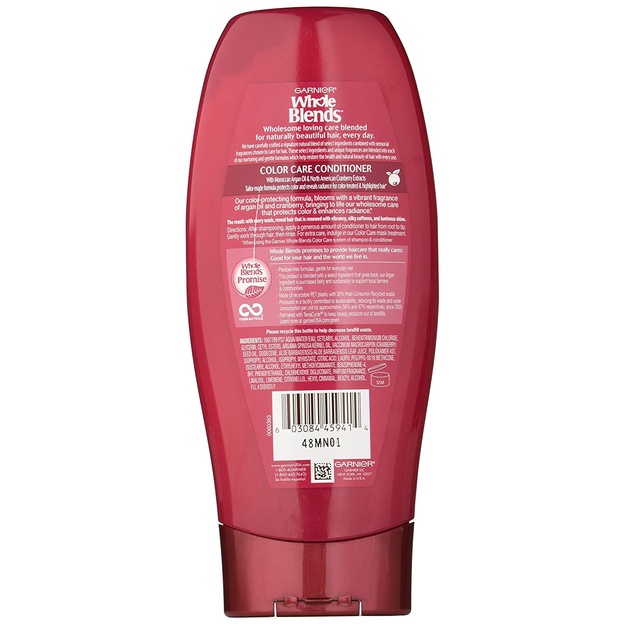 Dầu xả cho tóc nhuộm Garnier Whole Blends Color Care Conditioner Argan Oil &amp; Cranberry extracts 370ml/650ml (Mỹ)