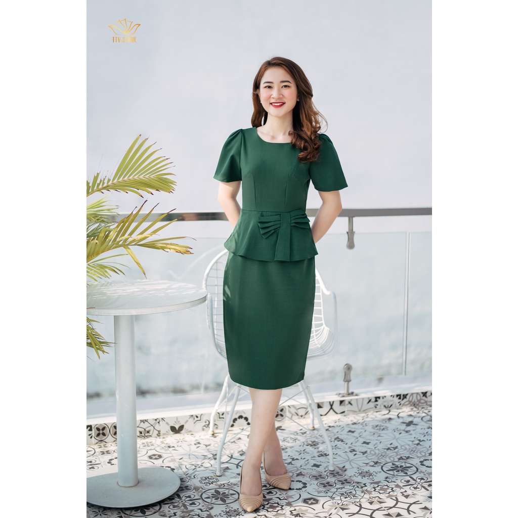 Đầm công sở dáng ôm thiết kế form đầm trung niên - Cổ tròn peplum phối nơ - Xanh rêu - TTV767 TTV Store