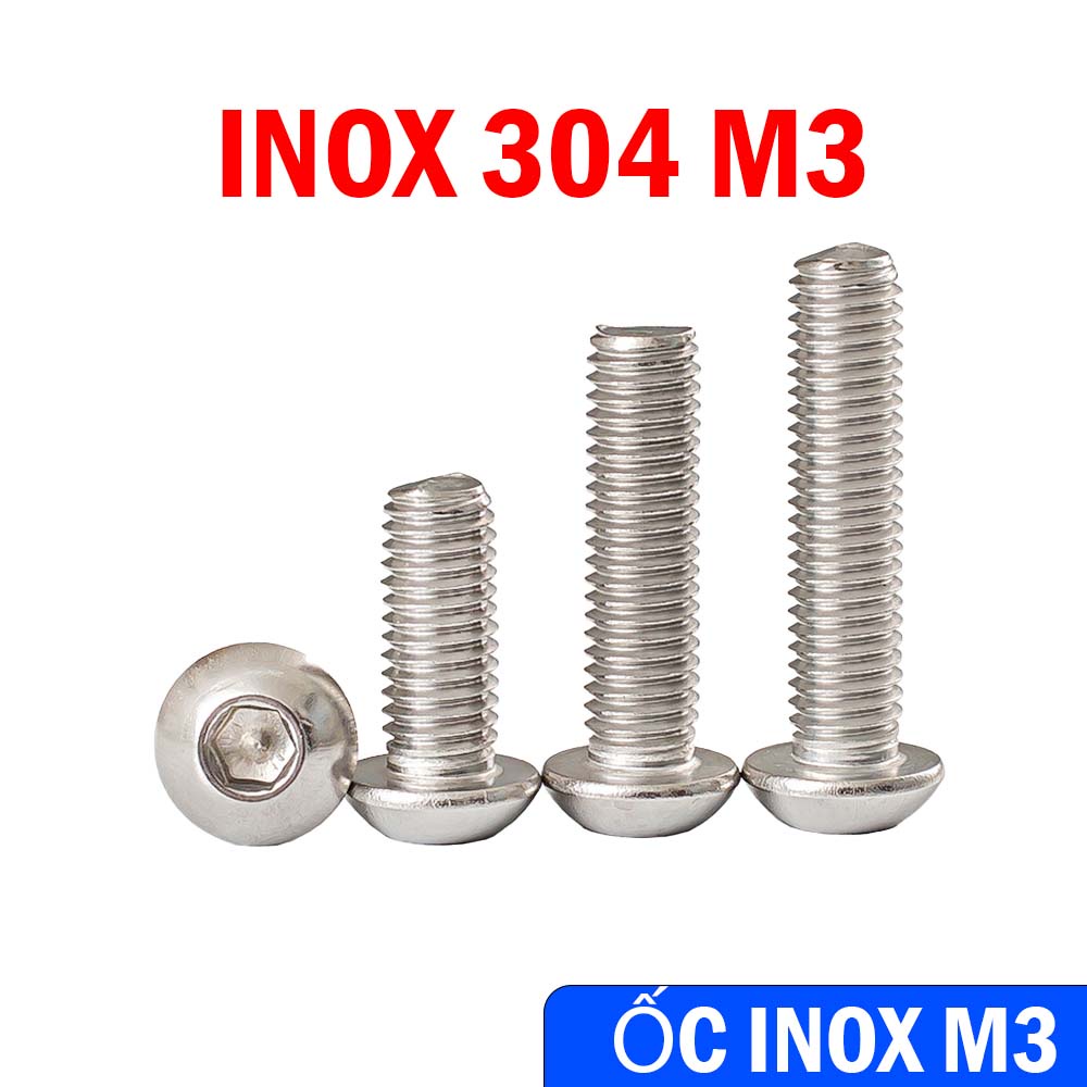 Bulong inox chìm cầu size 3, ốc lục giác chìm đầu bi ốc đầu dù lục giác M3 không gỉ, inox 304 các loại dài 6 8 12 22 mm