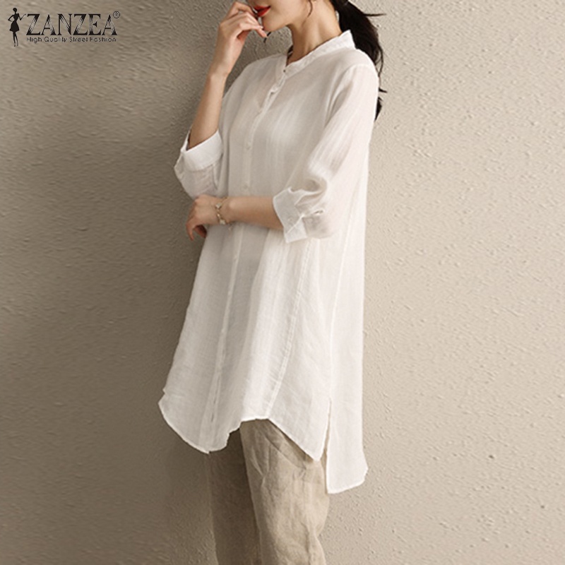 Áo sơ mi Zanzea tay 3/4 cổ đứng thiết kế xẻ tà thời trang cho nữ