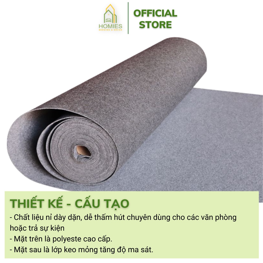 Thảm Nỉ Trải Sàn HOMIES Trơn Một Màu Trải Văn Phòng  - Một Mét Vuông Tương Đương 0,5m x 2m