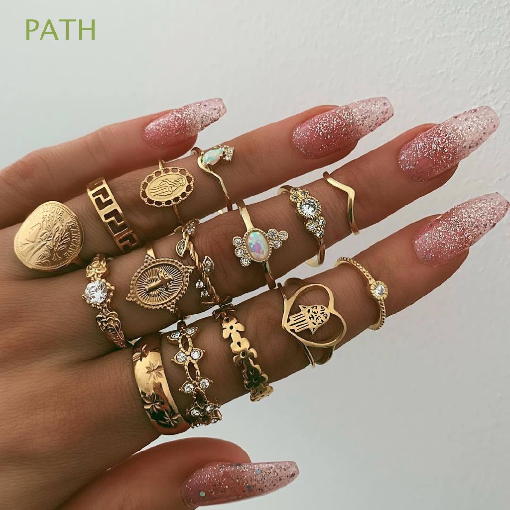 Bộ 15 nhẫn đeo đốt ngón tay hình đồng xu/trái tim/thánh giá/đức mẹ mary/ngôi sao phong cách Bohemia dành cho nữ