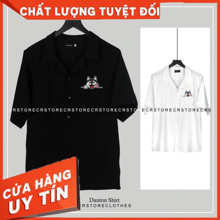 Áo Sơ Mi Tay Lỡ Cổ Vest CR MEN SMILE HUSKY Đen Trắng unisex nam nữ trơn vải lụa mềm - Hàng nhập khẩu