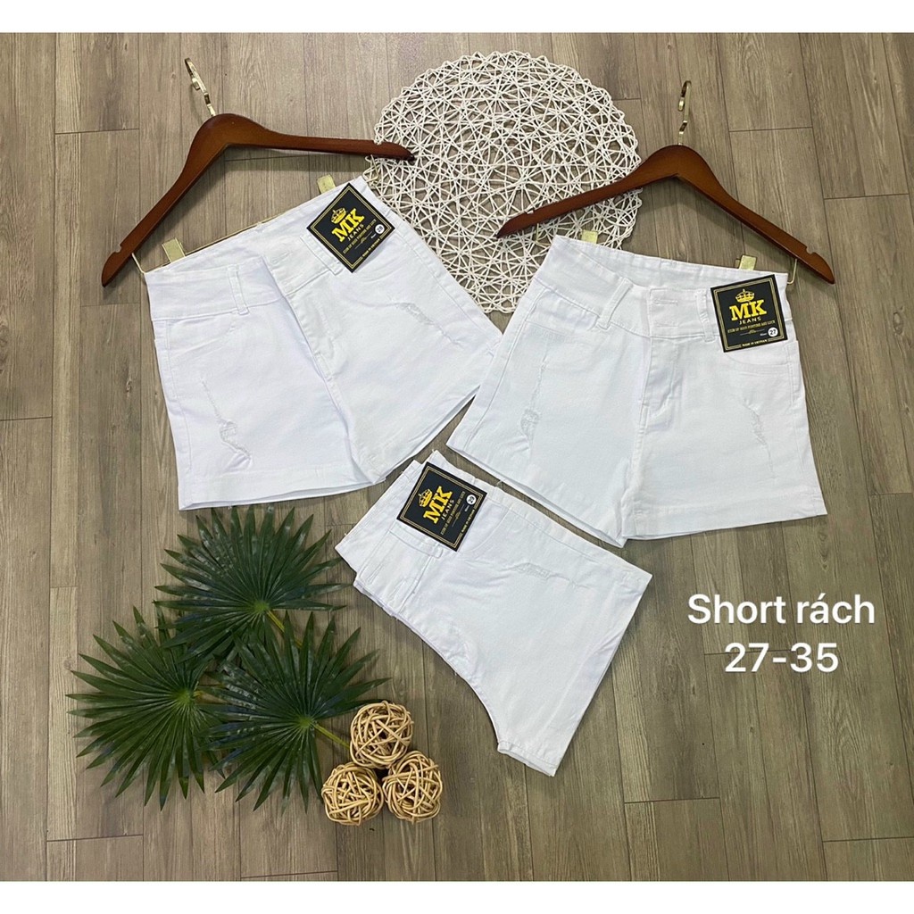 Quần Short Jean Nữ Trắng Rách Lưng Cao 2 Nút Co Giãn Mạnh