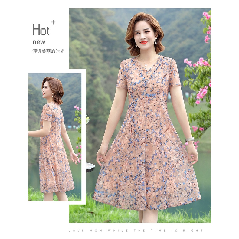 Đầm Chiffon In Hoa Thời Trang Mùa Hè Cho Phụ Nữ Trung Niên 40-50 Tuổi