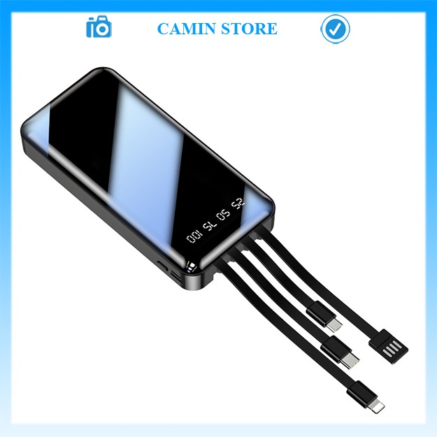 Pin sạc dự phòng 20000mah power bank có sẵn 4 dây sạc, có led báo phần trăm pin, 2 cổng usb, sạc type C