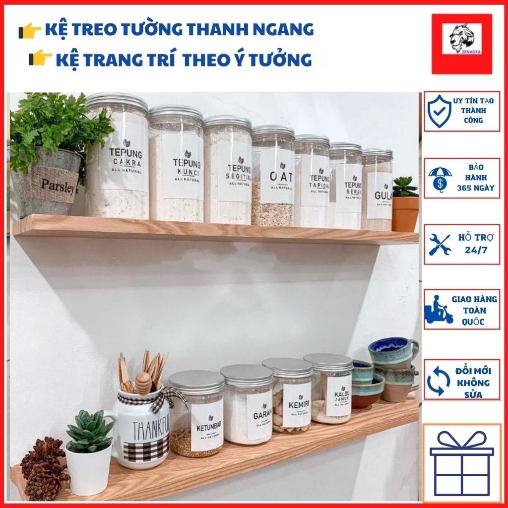 Kệ Gỗ Gắn Tường Nhà Bếp, Thanh Ngang Treo Tường Để Gia Vị Rễ Lắp Đặt Nhiều Kích Thước Từ 20cm Đến 1M4 (Tặng Phụ Kiện )