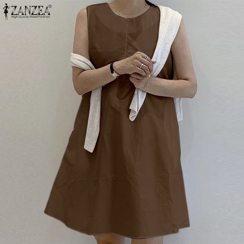 Đầm nữ ZANZEA cộc tay cổ tròn dáng rộng thời trang Hàn Quốc