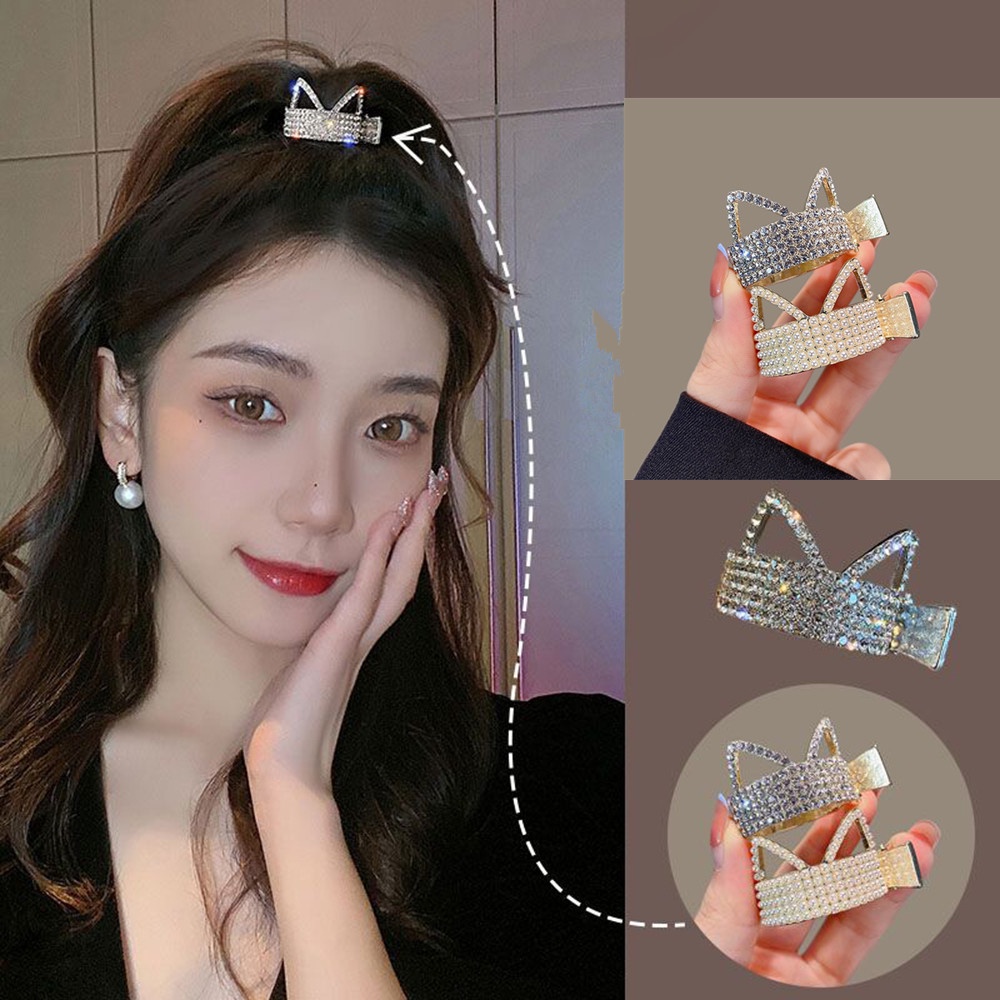 Kẹp Tóc Đuôi Ngựa Hình Tai Mèo Đính Đá Ngọc Trai Dễ Thương