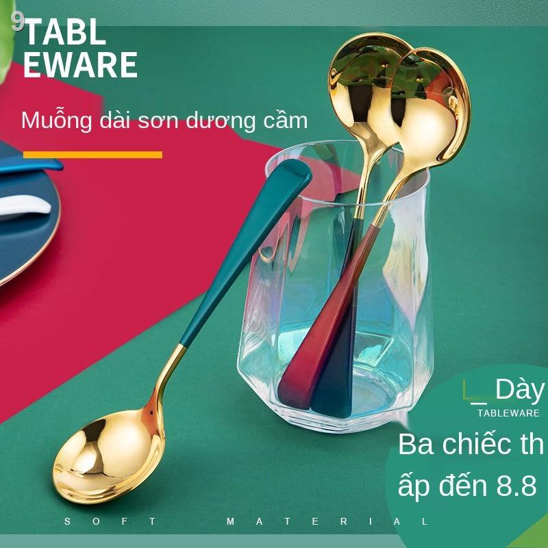 Thìa bằng thép không gỉ 304 lưới màu đỏ gia dụng bộ đồ ăn bữa trẻ em dễ thương cán dài súp tráng miệngA