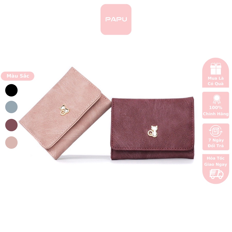 Ví nữ cầm tay mini PaPu VN18 da nhung mềm mịn,logo mèo dễ thương