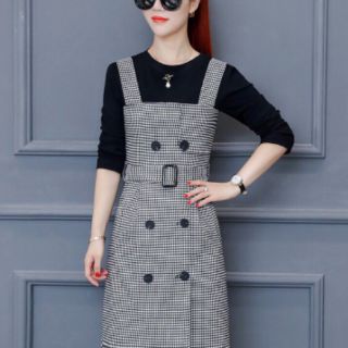Sét áo thun đầm yếm caro kèm nịt