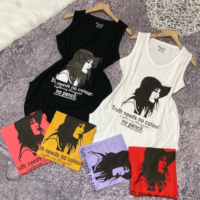 Áo thun giấy ba lỗ in hình cô gái kèm chữ (dáng dài dấu quần)