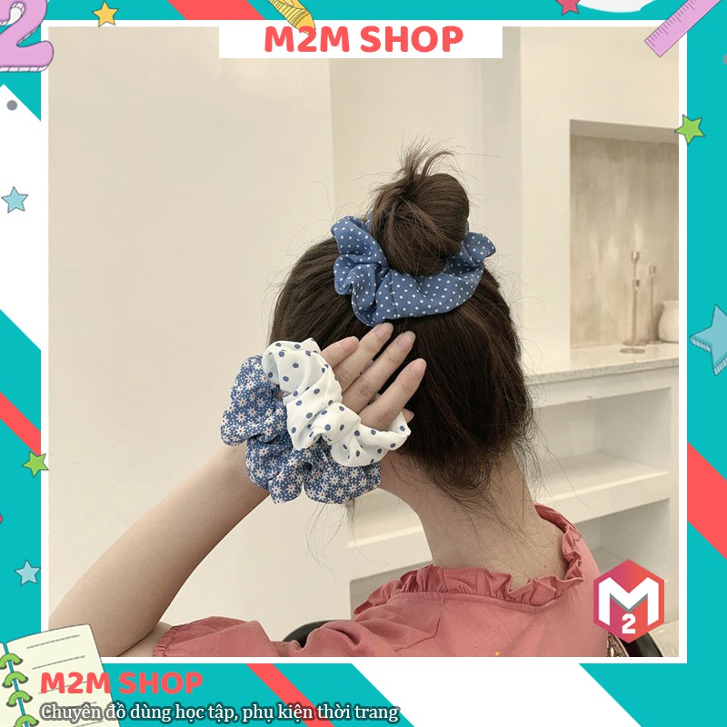 Dây buộc tóc scrunchie xanh caro phong cách thời trang Hàn Quốc