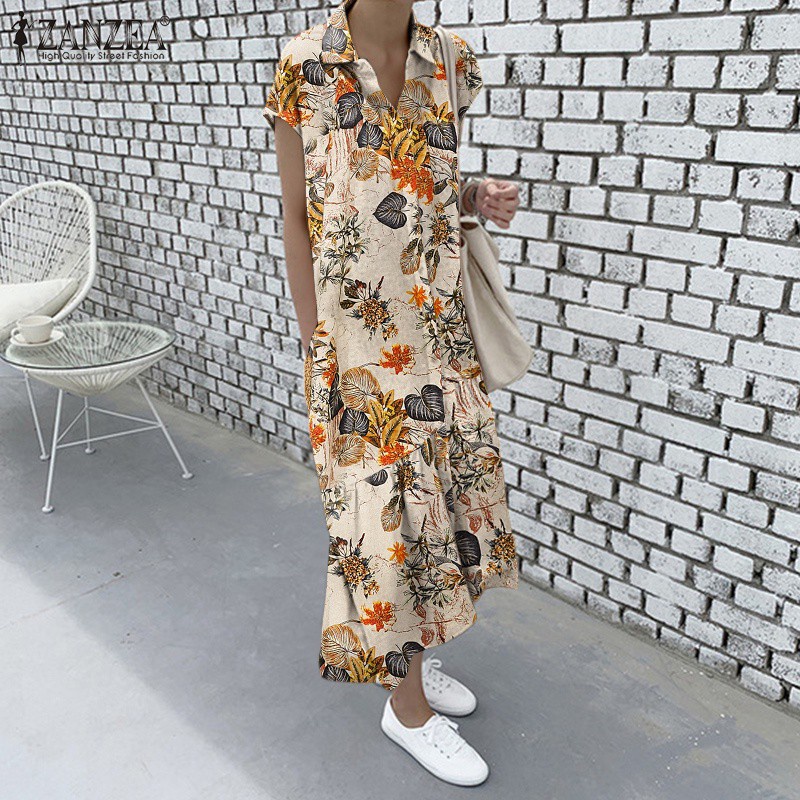 Đầm maxi ZANZEA chất liệu cotton in hoa có cổ túi bên phong cách cổ điển cho nữ