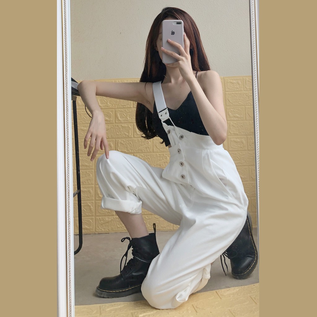 (Y57) quần yếm trắng vạt lệch hàng thiết kế XS đến 2XL (kèm ảnh khách)