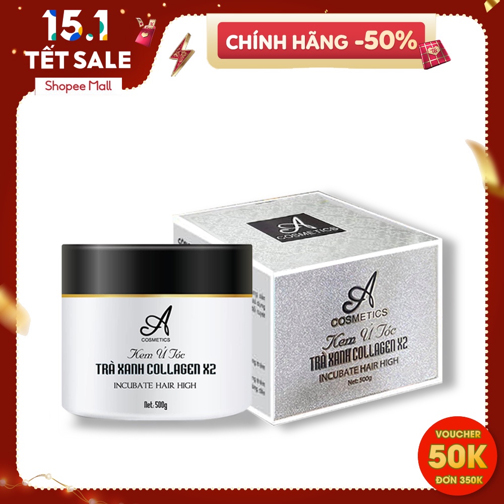 Ủ tóc Trà xanh Collagen Acosmetics 500g Giúp phục hồi tóc hư tổn. tặng gương