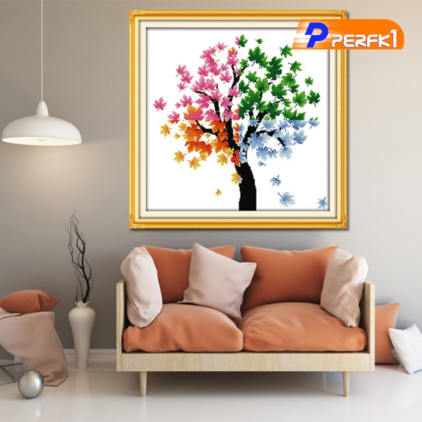 Tranh Thêu Chữ Thập Hình Cây Bốn Mùa 69x69cm