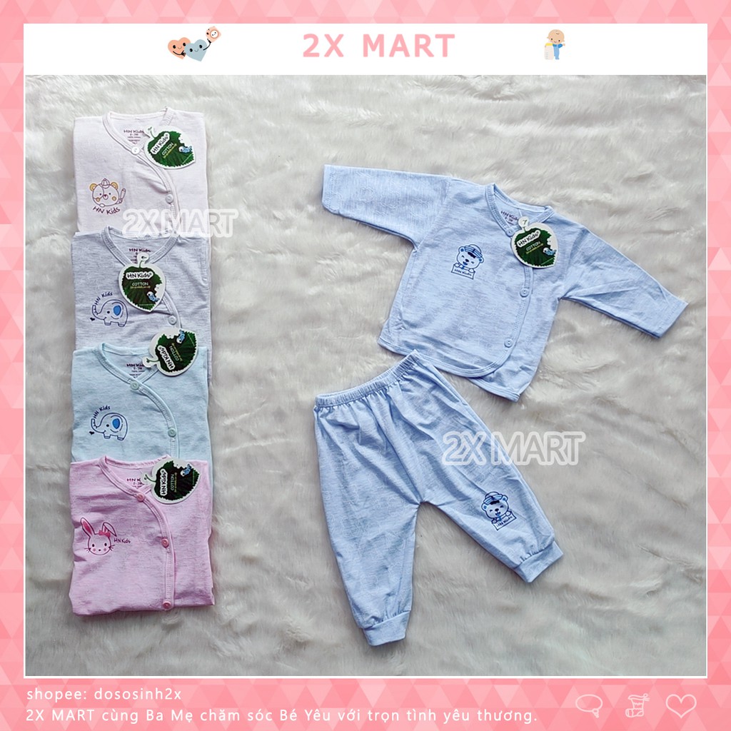 Bộ Quần Áo Sơ Sinh Dài Tay Cotton HN KIDS Vạt Chéo Khuy Lệch Cho Bé Giữ Bụng Không Bị Hở - 2X MART