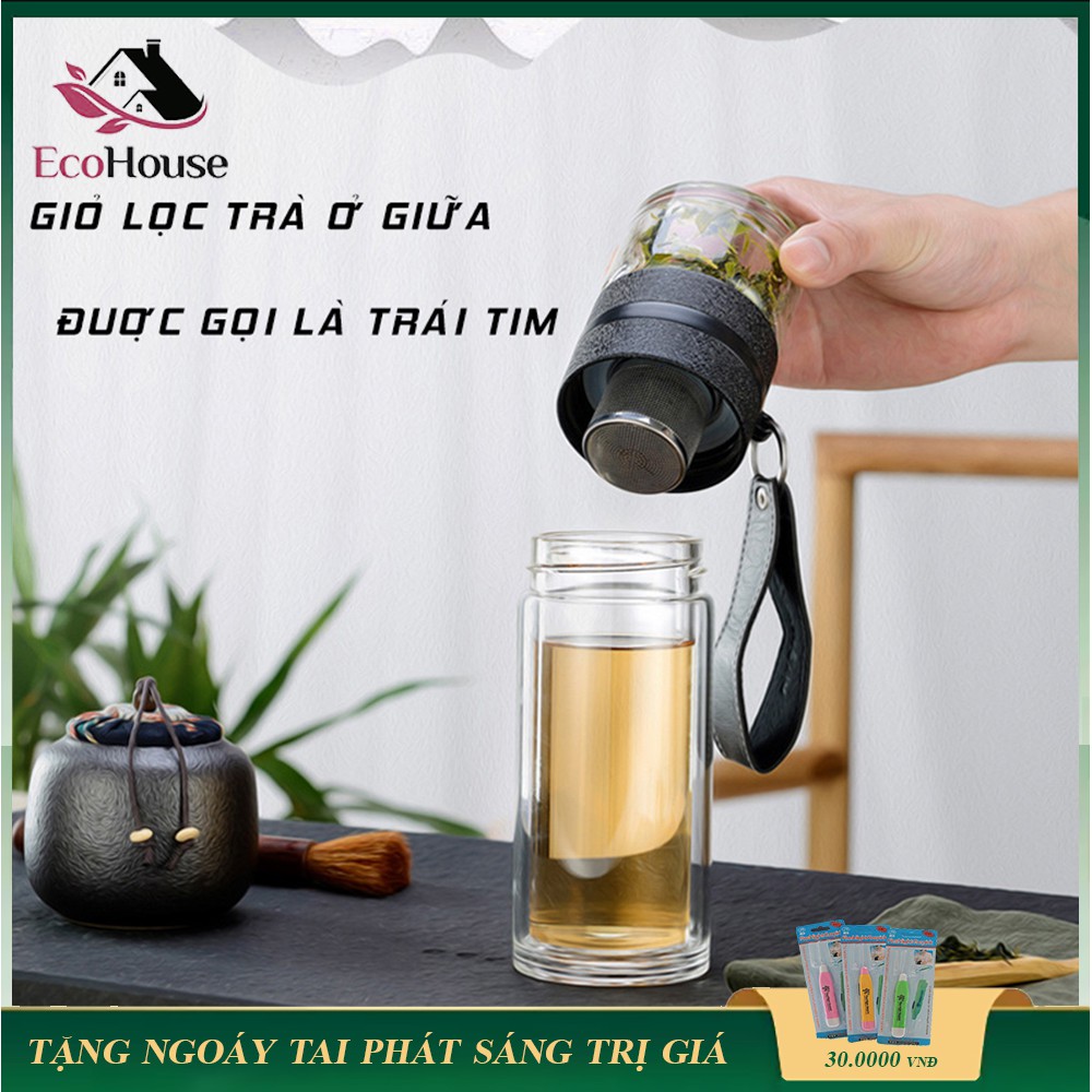 Bình giữ nhiệt kèm bộ lọc pha trà làm bằng thủy tinh 2 lớp thủy tinh, có kèm ly cao cấp