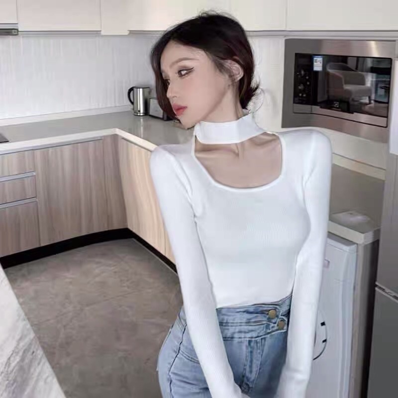 Áo kiểu croptop tay dài cổ lọ hở vuông sexy cho nữ gợi cảm
