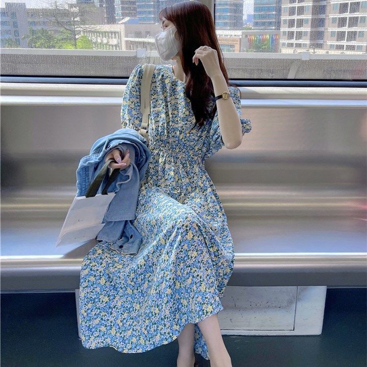 Đầm Hoa Tay Phồng Dáng Dài Thời Trang Pháp Thanh Lịch Cho Nữ