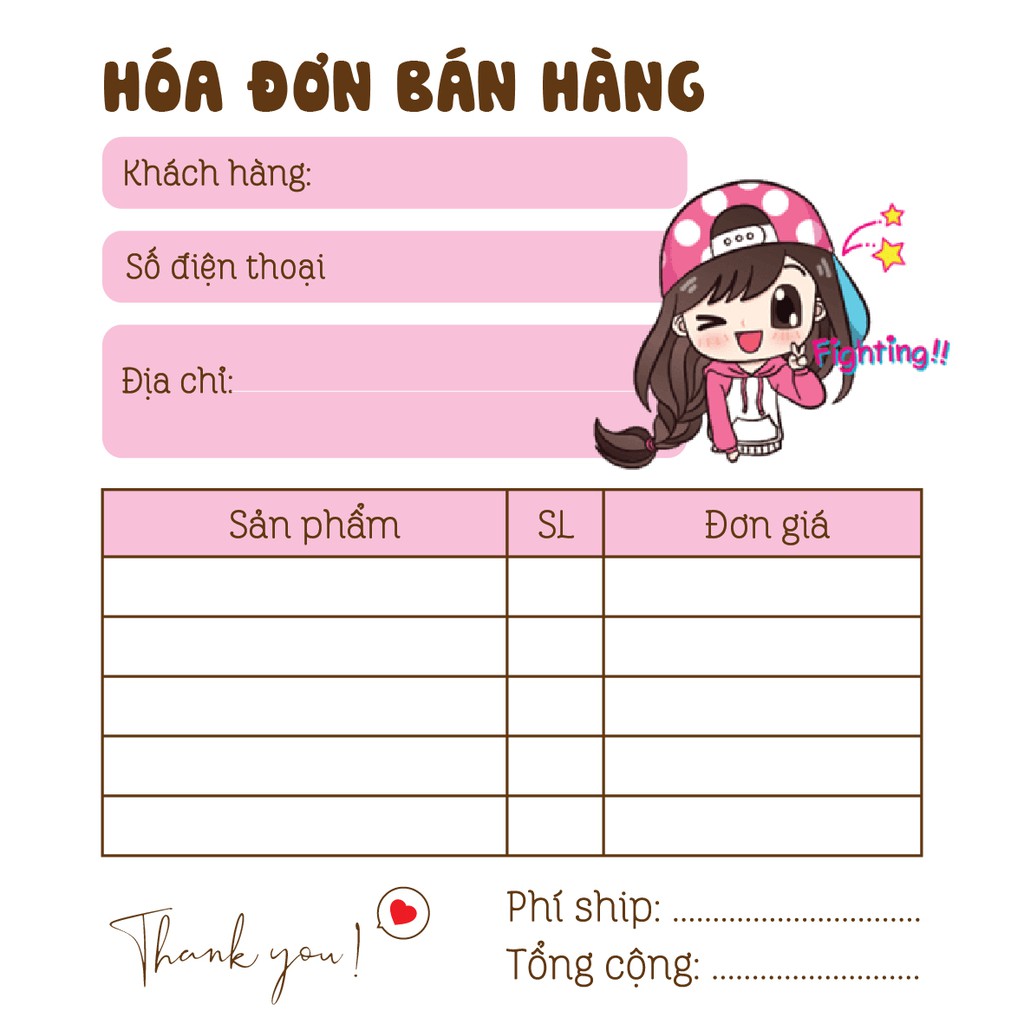Hoá đơn bán hàng mini 1 liên dễ thương mẫu cô gái - G
