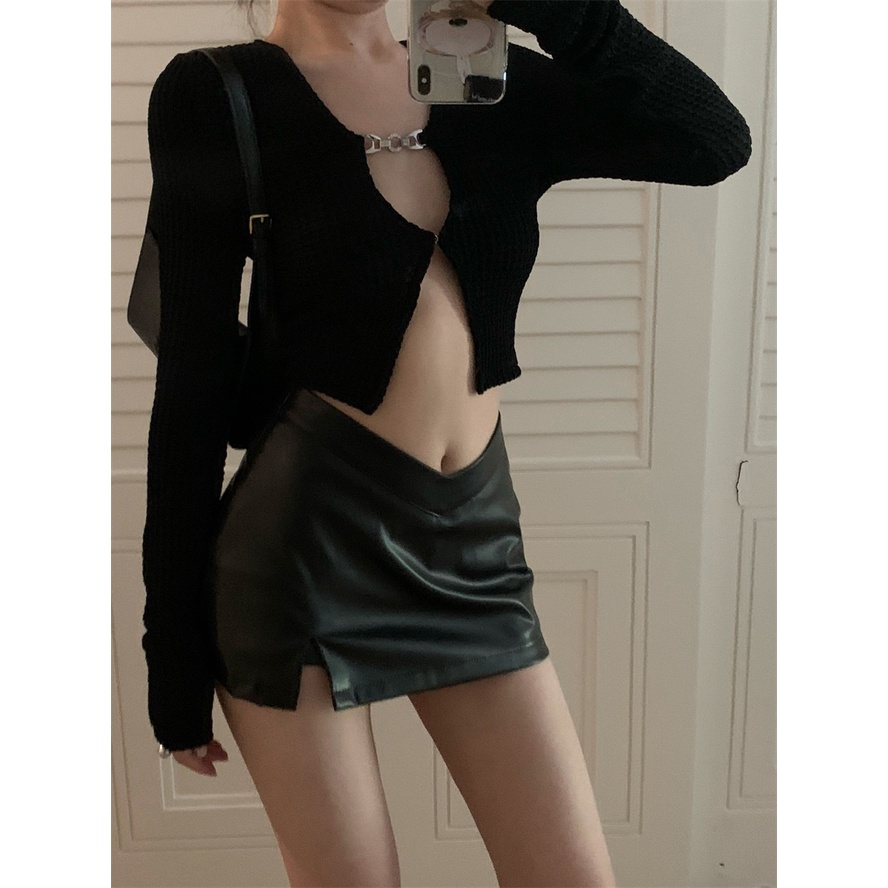 Cocory vn Áo croptop cổ chữ V / Chân váy da nhỏ xinh quyến rũ cho nữ