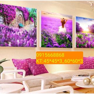 Tranh thêu chữ thập cánh đồng họa tím ba bức KT 45*46*3