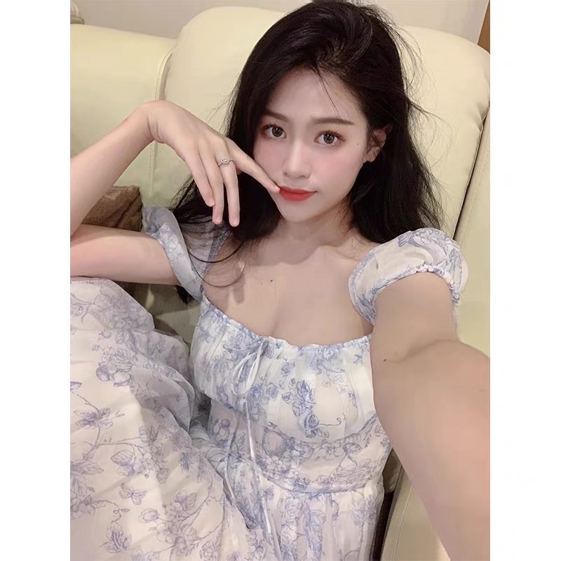 Đầm midi hoa xanh nơ ngực cổ vuông mặc được 2 kiểu phong cách Retro Pháp, đầm đi biển siêu xinh