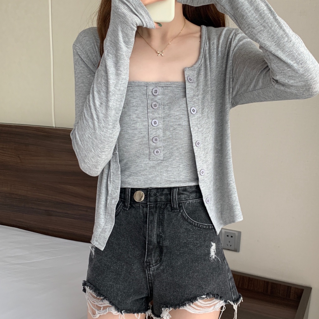 [Mã 151FASHIONSALE1 giảm 10K đơn 50K] Áo nữ  Set áo hai dây thun tăm kèm cardigan mỏng dài tay suông trơn HOLASTORE