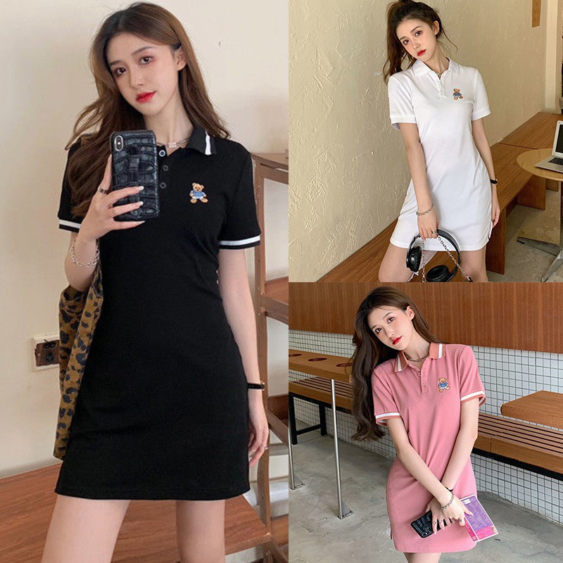 Đầm Thun Tay Ngắn Cổ Bẻ Thêu Hình Gấu Dễ Thương Cho Nữ