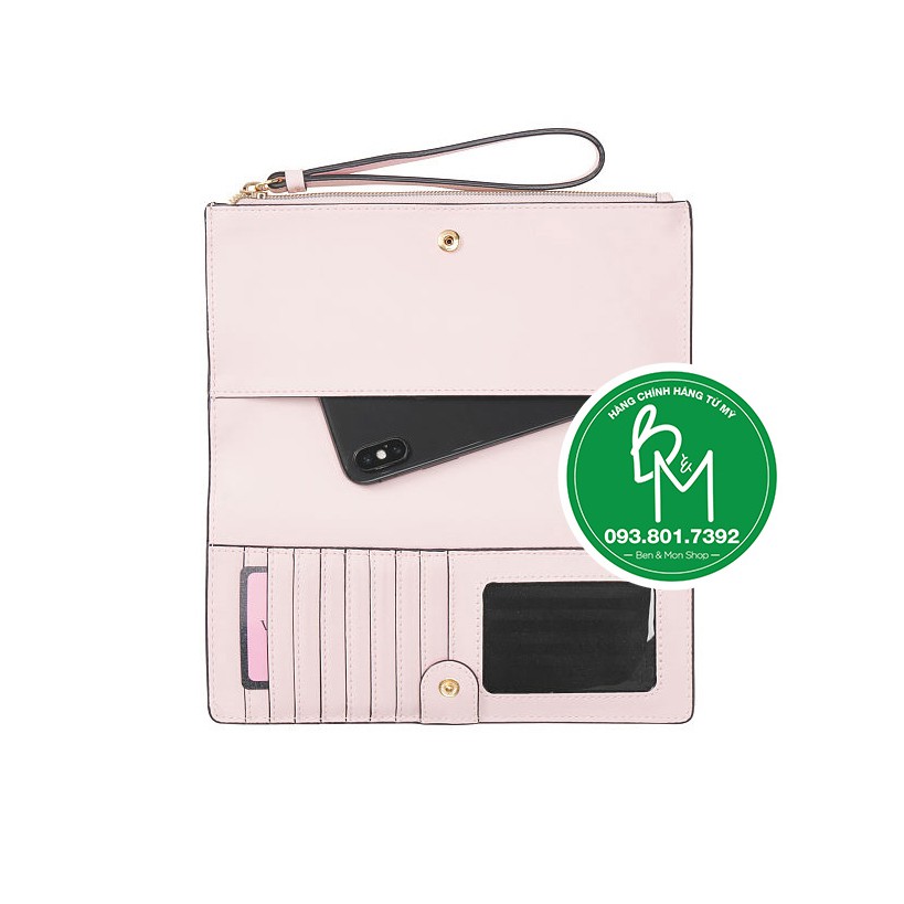 (288-Hàng Bill Mỹ) Ví hồng lợt gắn hạt hình hoa, có dây đeo, nhiều ngăn nhỏ, KT: 21x11cm - hàng nhập VS Mỹ