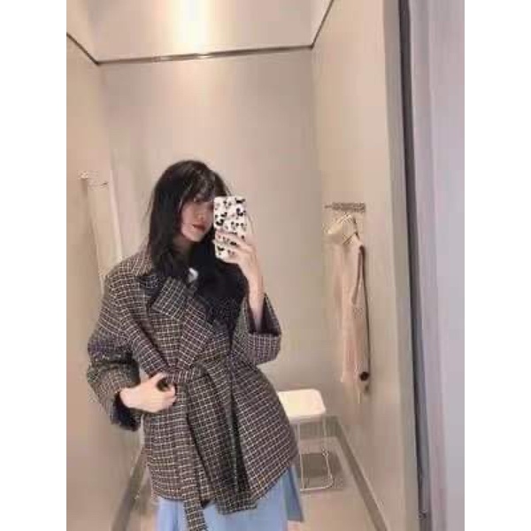 Áo khoác dạ kẻ 2 lớp cổ Vest buộc dây eo hot hit sang chảnh