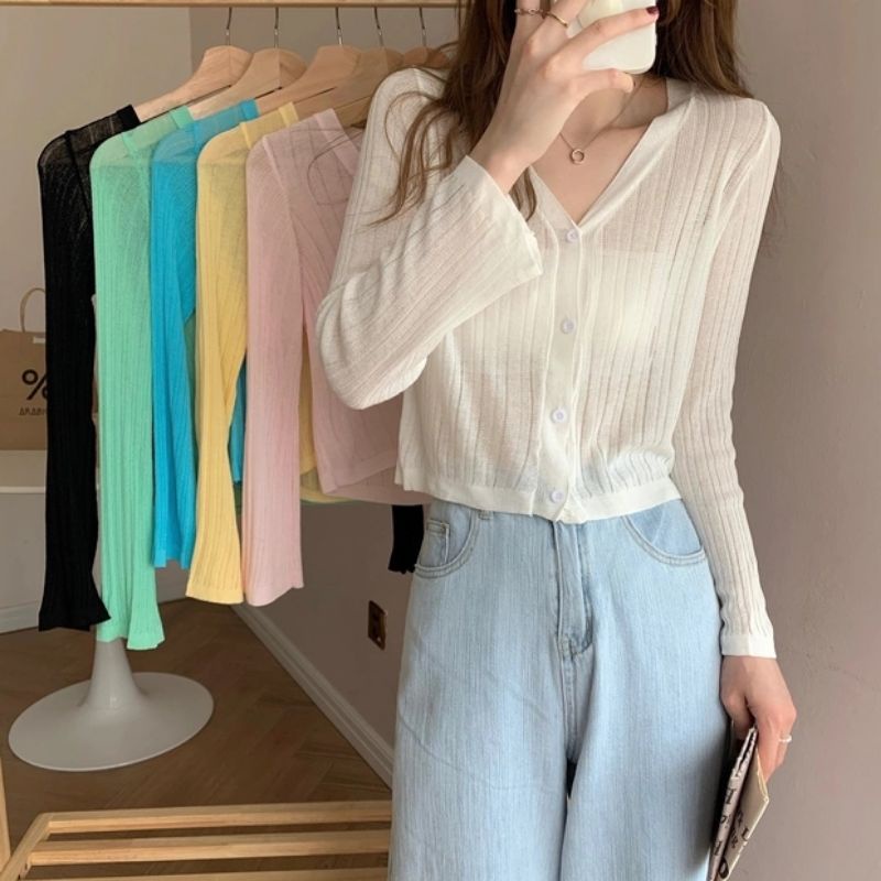 Áo kiểu nữ len mỏng dáng lửng dài tay ulzzang