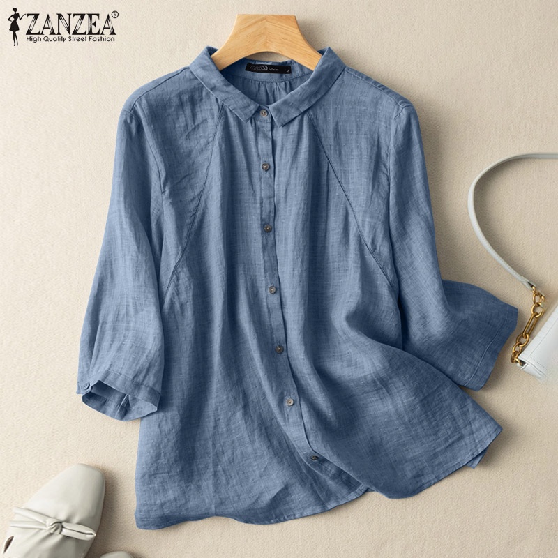 Áo kiểu ZANZEA tay lỡ cổ bẻ màu trơn thời trang dành cho nữ
