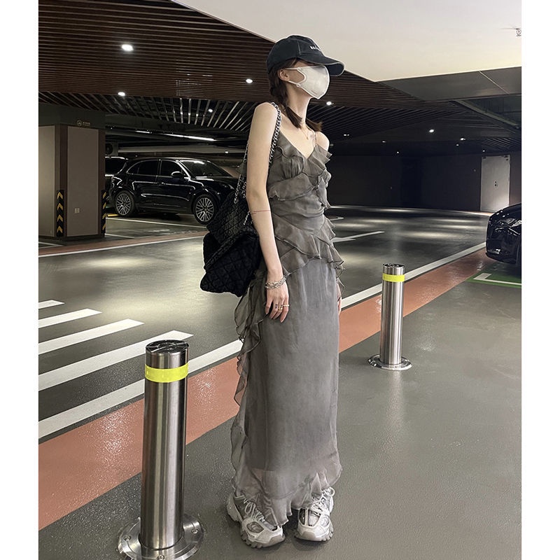 Jiashucheng Đầm Hai Dây Dáng Dài Tới Mắt Cá Chân Mỏng Ôm Eo Phong Cách Retro Màu Trơn Phong Cách Desire Cho Nữ