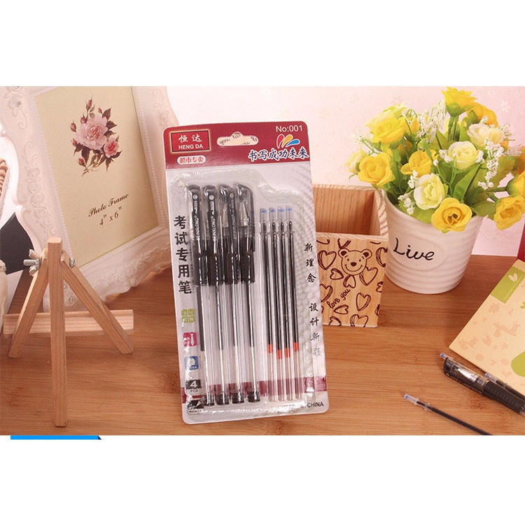 BÚT BI NƯỚC VĂN PHÒNG 0.5MM MỰC ĐỀU NÉT CHỮ ĐẸP, bộ 4 bút bi nước kèm 4 lòng BB05