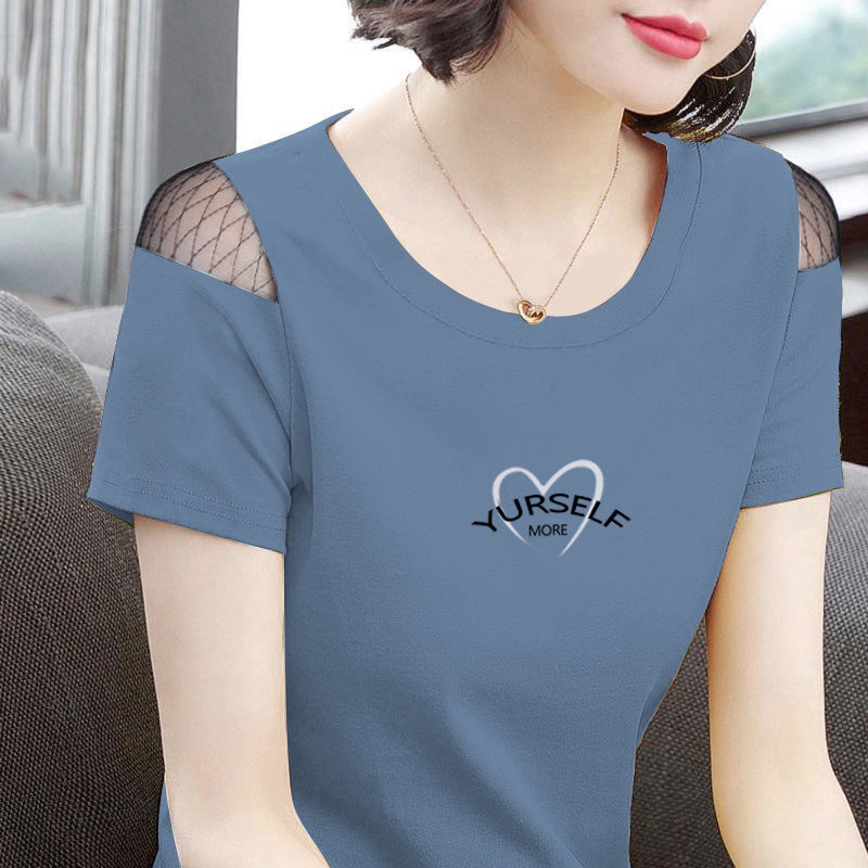 Áo thun tay ngắn hở vai in họa tiết thời trang cho phụ nữ trung niên