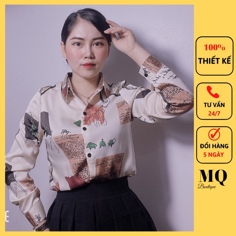 Áo sơ mi nữ lụa tay dài cao cấp công sở áo sơ mi màu be họa tiết ô nâu chữ thiết kế MQ Boutique