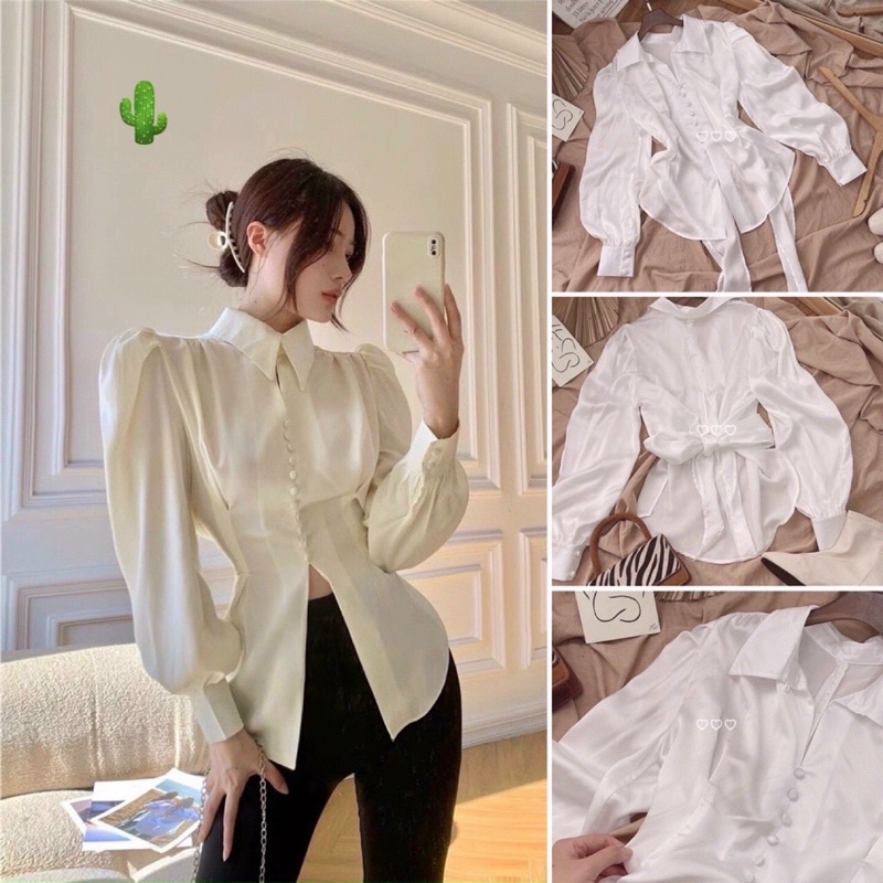 Áo somi tiểu thư nơ sau phi lụa xẻ tà cúc bọc - HÀNG LOẠI 1