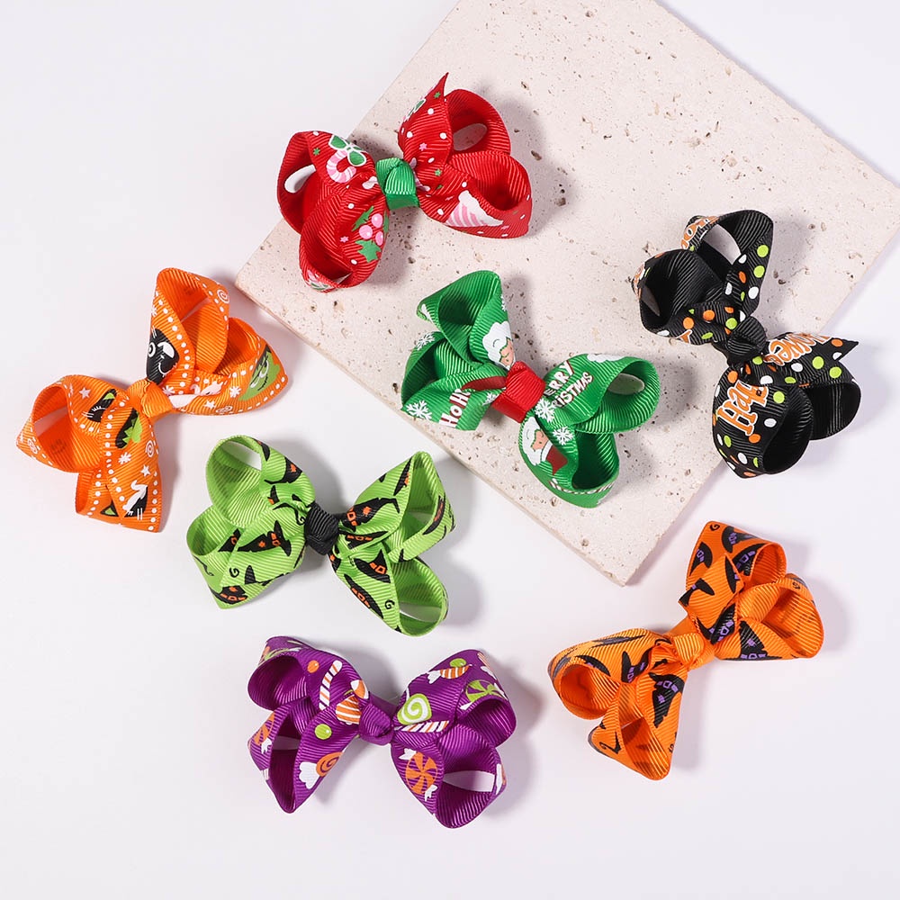 KIDSBOWS Bộ 10 Kẹp Tóc Nơ In Họa Tiết Halloween / Giáng Sinh Dễ Thương Cho Bé Gái