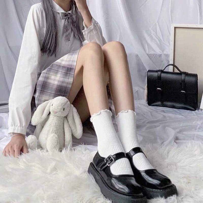 Tất cổ cao nữ bèo nhún, vớ bèo nhún nữ cổ cao màu trơn basic thời trang Vintage Hàn Quốc