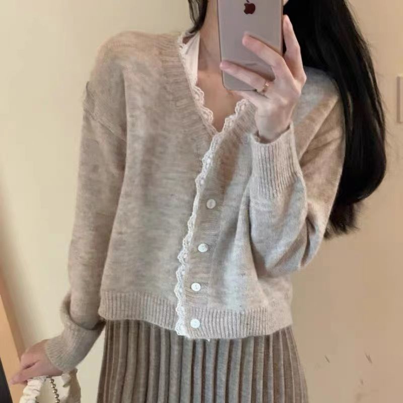 Áo Khoác Cardigan Dệt Kim Dáng Ngắn Form Rộng Phối Ren Thời Trang Cho Nữ