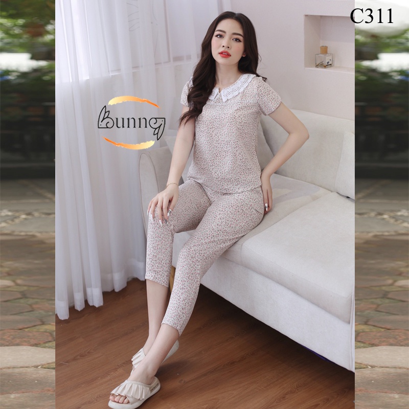 [Bunny]QUẦN ÁO MẶC NHÀ TAY CỘC CHẤT LIỆU LỤA, MẶC NHÀ SAU SINH HỌA TIẾT HOA LÁ XINH FOM DÁNG ĐẸP