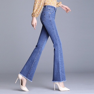 Quần jean nữ ống loe tua lai co giãn, quần bò nữ ống bass 100% cottom co giãn