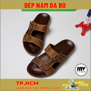 Dép nam - Dép quai ngang da bò đế cao su may viền chỉ