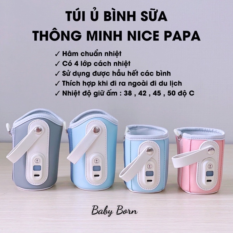 Túi hâm nóng bình sữa di động, túi ủ bình sữa thông minh cho bé bằng USB Nice Papa  (update mẫu mới 2022)