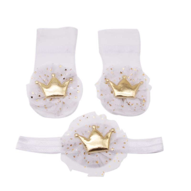 Set Băng Đô + Vớ Cotton Đính Vương Miện Phụ Kiện Chụp Hình Cho Bé