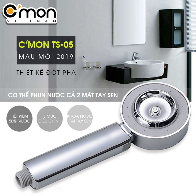 Bộ vòi sen tắm 2 chế độ, phun tia từ cả 2 mặt sen C'mon TS-05 + dây sen + đế cài sen